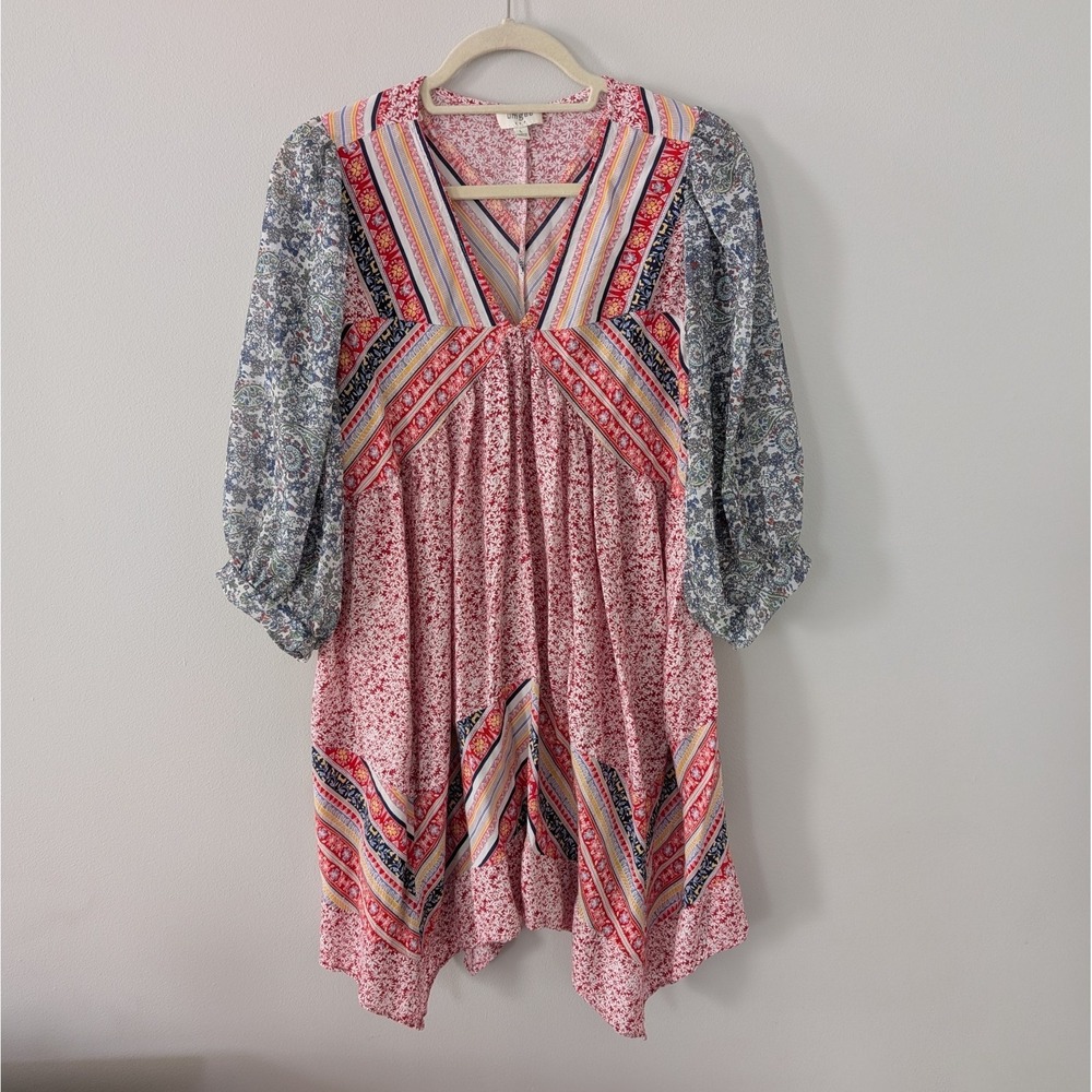 Umgee Patchwork Babydoll Mini Dress Tunic Top LG Festival Indie Boho Shark Bite
